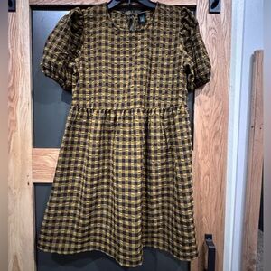 Wild Fable Gingham Puff Sleeve Babydoll Dress Mustard Black Size Small NWOT